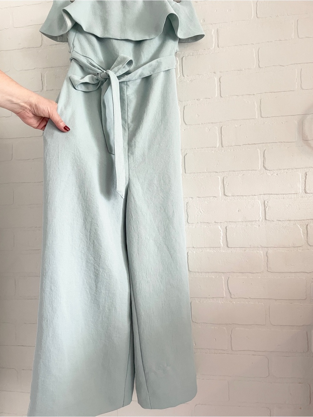 Babaton Off Shoulder Crop Jumpsuit Belted Wide Leg Crepe Mineral Blue Size 2 - Picture 2 of 16